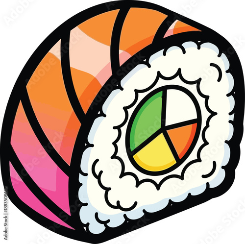 Vibrantly colored cartoon sushi roll with a unique pie chart filling