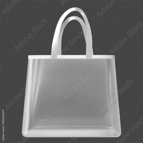Transparent tote bag with hanging handles, white shopping pouch with straps, fashion clear plastic handbag vector mockup
