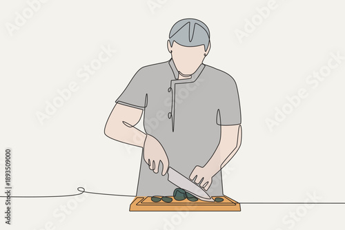 Colored Man is preparing food. Meal preparation concept one-line drawing
