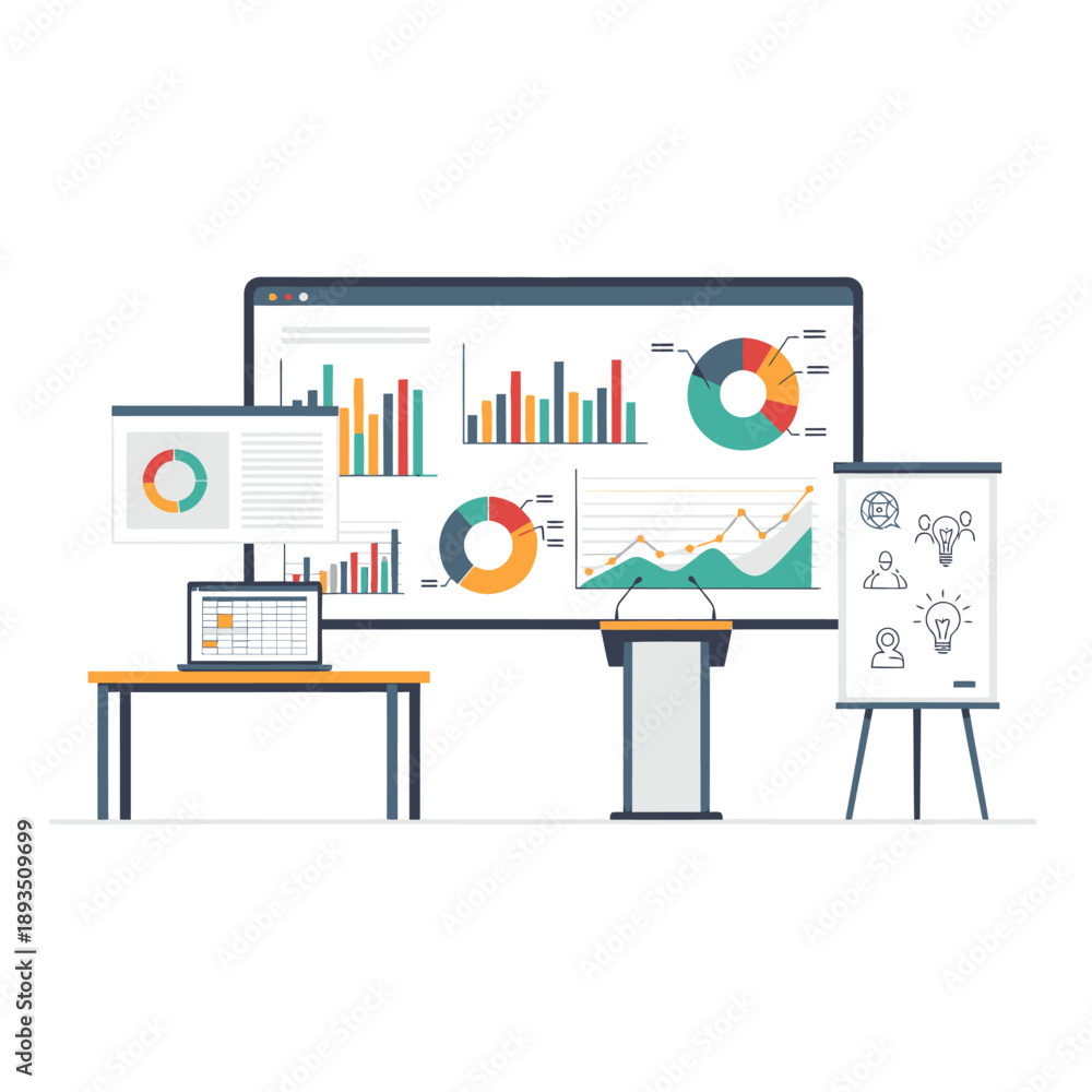 Obraz premium Business Presentation with Charts and Graphs on Screen, Podium, Laptop