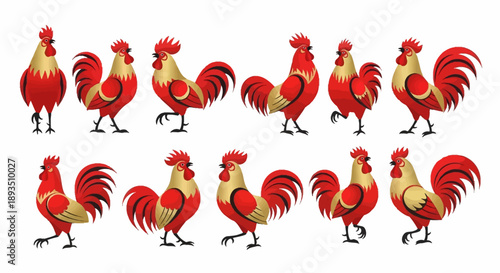 Set of Stylized Red and Gold Rooster Illustrations for Chinese New Year, Flat Vector Roosters in Various Poses Isolated on White Background