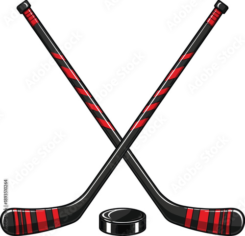 Iconic crossed hockey sticks and puck illustration, symbolizing ice hockey spirit