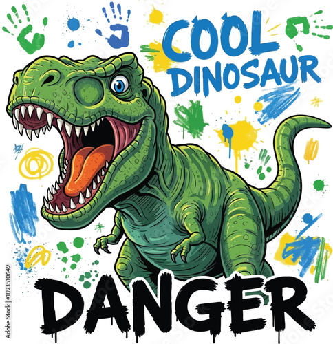 Roaring cool dinosaur graphic design with danger text and colorful paint splatters