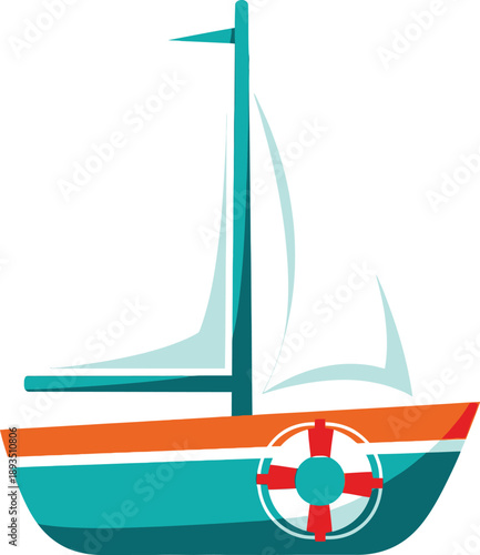 Colorful cartoon sailboat with turquoise hull, orange stripe, white sails, and a lifebuoy