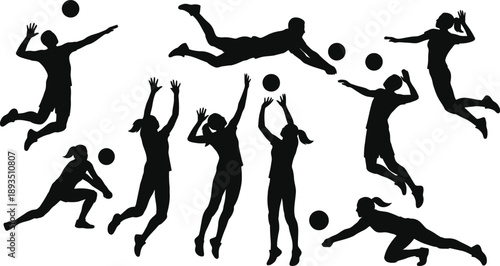 Volleyball Player Silhouettes in Action, Serving Spiking and Diving Moves