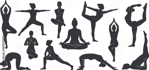 Mindful Yoga Poses Silhouettes, Meditation and Flexibility Exercises for Wellness