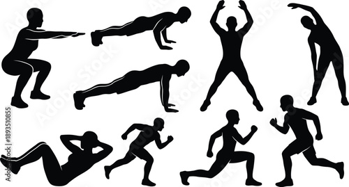 Fitness and Bodyweight Exercise Silhouettes, Workout Positions for Men and Women