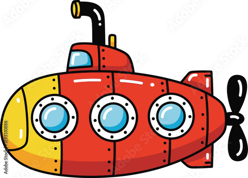 Colorful cartoon submarine with periscope and portholes ready for underwater adventure