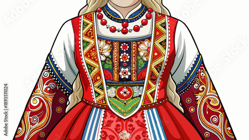 Very beautiful close-up of a traditional Norwegian women’s bunad dress with intricate embroidery and rich textile layers, isolated on white background, highlighting Nordic cultural pride and craftsman