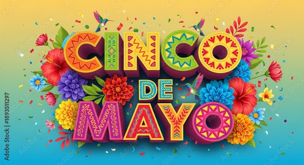 Fototapeta premium Cinco de Mayo Celebration with Colorful Flowers and Confetti - Festive Mexican Holiday