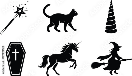 Fantasy silhouette icons set with witch unicorn black cat magic wand coffin horn, mystical fairy tale symbols isolated on white vector illustration