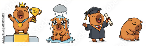 Set of cute cartoon capybaras with different emotions: winner with trophy, crying in rain, graduate with diploma and sad character, funny vector illustrations in kawaii flat style isolated.