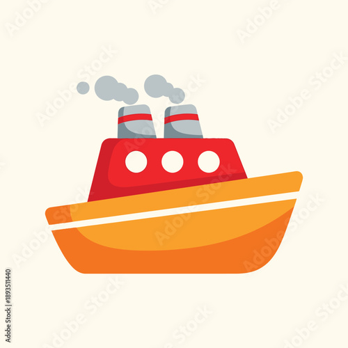 Adorable little cartoon ship with orange hull and red cabin, two funnels puffing smoke