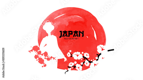 Japanese background with geisha silhouette, cherry and watercolor splash. Sushi bar menu emblem. Vector isolated illustration.