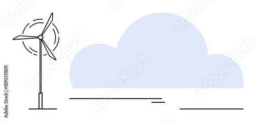 Wind turbine spinning beside a large cloud in a flat design landscape. Ideal for sustainability, renewable energy, climate solutions, environment, eco-friendliness, clean energy, innovation. Simple