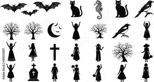 Halloween silhouette character collection, spooky women figures bats cats birds trees moon and graveyard elements, dark gothic vector illustration set