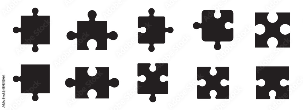 Naklejka premium Puzzle icon elements. Puzzle pieces icon simple line vector. Puzzle jigsaw outline icons on white background. puzzle piece vector icon set and silhouette art isolated on white background. 