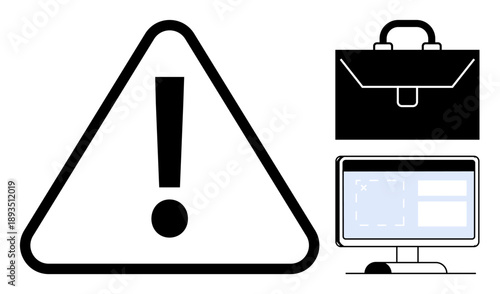 Business safety, error alerts, technology risk, cybersecurity, office productivity, and work management. Triangular warning sign, outlined computer screen and briefcase graphic. Business safety