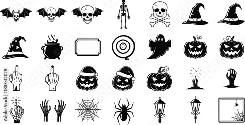 Halloween silhouette icon collection, spooky skull pumpkins witch hats bats ghosts skeletons spiders and magic symbols, black horror vector design set