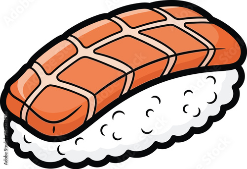 Fresh salmon nigiri sushi with textured fish on a bed of white rice cartoon style