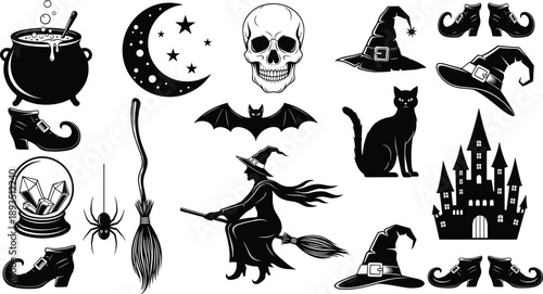 Halloween witch elements illustration set with cauldron skull cat castle moon broom, spooky magic symbols collection, black silhouette vector icons