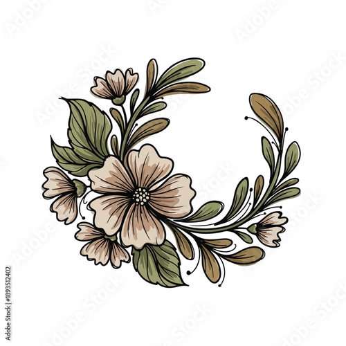 Floral bouquet with beige blossoms and green leaves