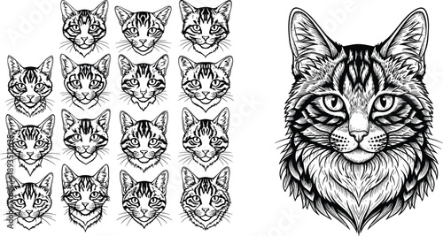 Hand drawn tabby cat face collection, detailed engraved feline portraits set, black and white animal illustration, vintage pet sketch vector artwork