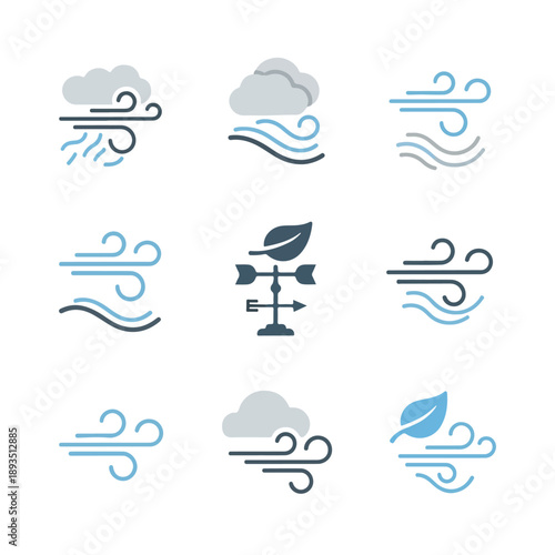 Weather Wind Icons Collection with Cloud and Leaf Motifs
