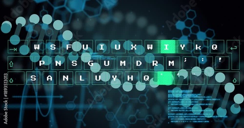 Helix dots entering left and sweeping keyboard, lighting keys and pulsing code for analysis