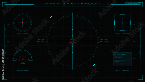 This design showcases a tactical heads-up display used in weapon systems. It includes target information, status indicators, and functional controls commonly found in military settings.