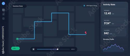 A digital map displays a fitness tracking application showing route details, distance, average pace, and calories burned during an activity.