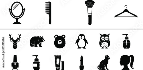 Minimal black icon set featuring beauty tools, cosmetic products, animal symbols and household items, flat vector silhouettes for UI, branding, apps and design projects