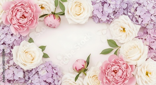 A delicate floral arrangement featuring roses peonies and hydrangeas in pastel shades forming a frame