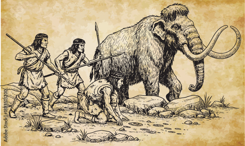 Sepia illustration depicting ancient hunter-gatherers using spears to hunt a large woolly mammoth in a prehistoric landscape.