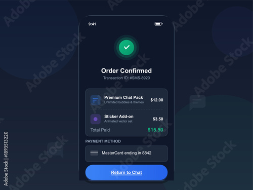 A mobile screen shows an order confirmation for a premium chat pack and sticker add-on. The payment details and transaction ID are visible with a return option to the chat.