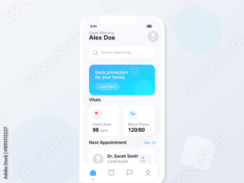 A health monitoring app interface shows user vitals, including heart rate and blood pressure. It also lists the next appointment with a healthcare specialist for patient follow-up.