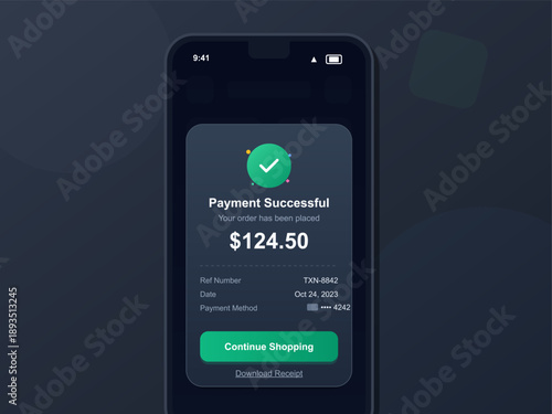 A smartphone shows a payment confirmation screen. The display features the order amount of $124.50, reference number, date, and payment method. User can continue shopping.