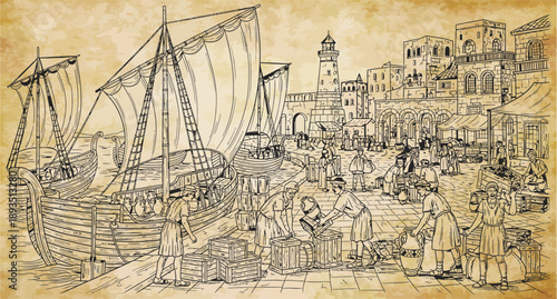 Detailed sepia-toned sketch of a bustling ancient port city with large sailing ships, a vibrant marketplace, and numerous people engaged in trade and daily activities.