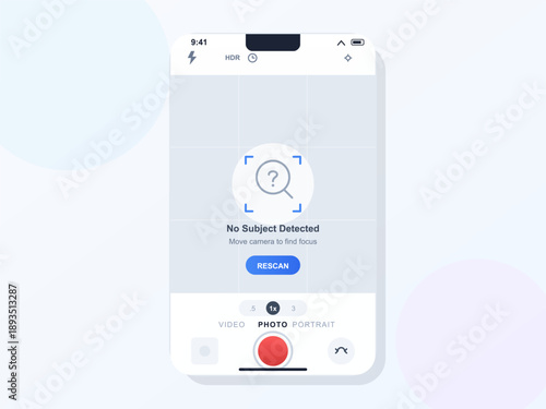 A smartphone screen displays a camera interface indicating no subject detected. Users can choose between photo, video, and portrait modes.