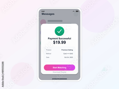 The screen shows a payment confirmation for a premium dating service. The transaction amount is $19.99, and the payment date is October 24, 2023.