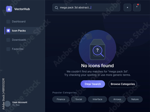 User is searching for vector icons on a design platform. No results are available for the query mega pack 3D abstract. The interface displays a message indicating no matches found.