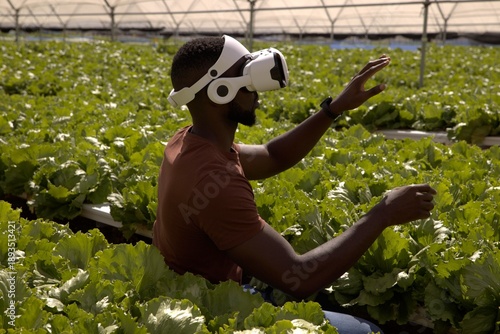 Man kneeling wearing virtual reality headset, manipulating hydroponic lettuce at greenhouse
