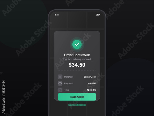 A mobile phone screen displays a food order confirmation from a burger joint. The screen shows the payment amount and a message indicating that the order is being prepared.