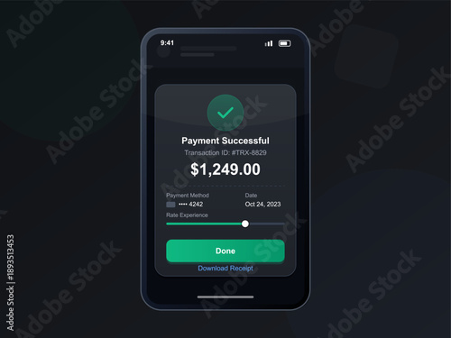 The screen displays a payment confirmation indicating a successful transaction of $1,249. Options to download the receipt and rate the experience appear below the details.