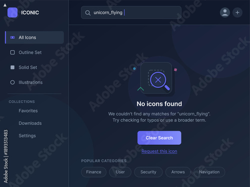 User searches for unicorn flying icons in a digital design software but receives a message stating no matches are found for that keyword.