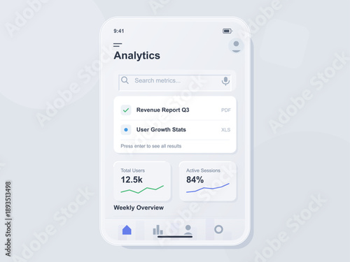 A mobile dashboard displays user analytics with options for revenue reports, user growth statistics, and total user metrics. Graphs illustrate sessions and user activity trends.