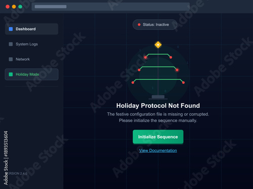 A digital dashboard shows an error message indicating a missing holiday protocol.