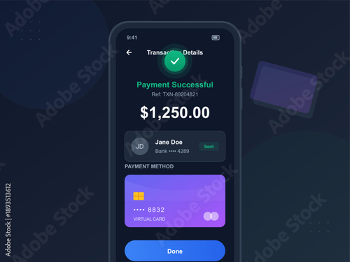 The design displays a virtual banking app interface with transaction details, showing a successful payment of $1,250. The screen features bank information and payment methods.