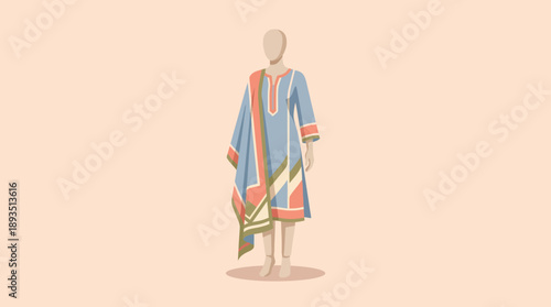 Fashion Event Featuring Traditional Garment Design in Vibrant Colors, Illustrative Style, Studio Setting