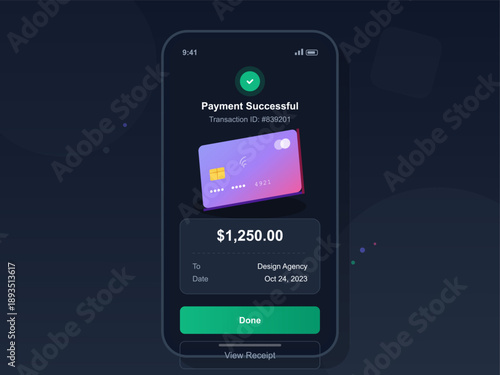 A digital screen displays a successful payment notification for $1,250 to a design agency. The transaction ID is shown clearly along with the date of the transaction.